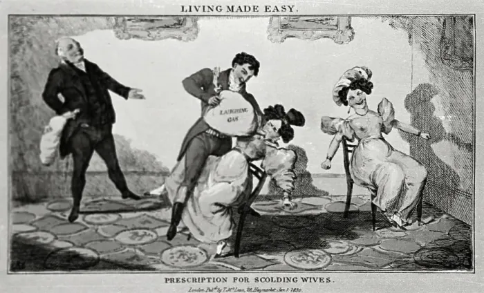 Framed Print : Woman Inhaling Laughing Gas Framed Print : Woman Inhaling Laughing Gas