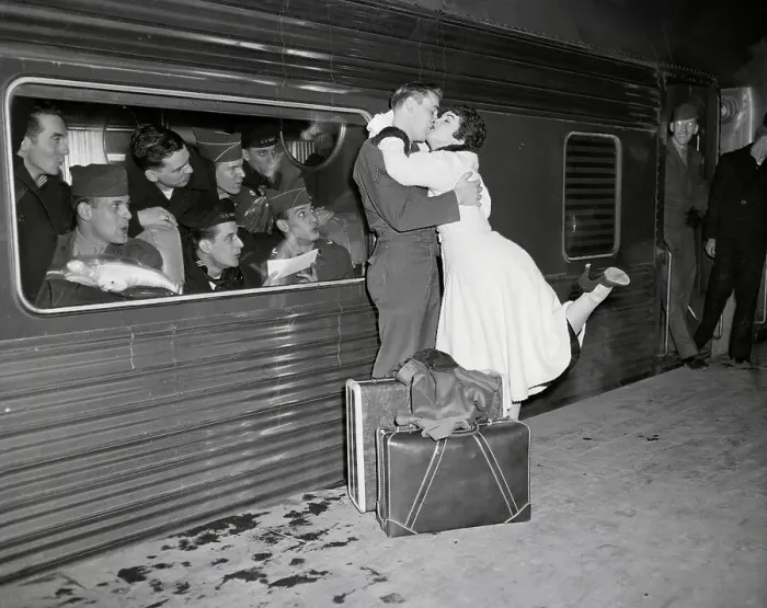 Framed Print : Woman Kissing GI Goodbye on Train Platform