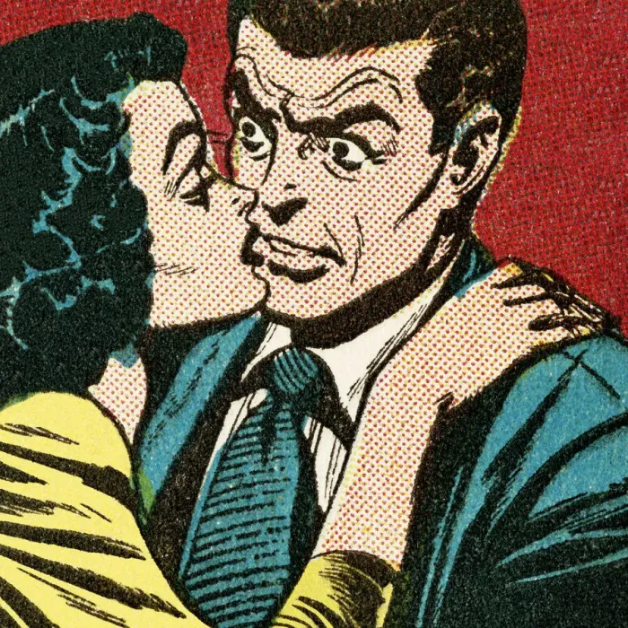 Framed Print : Woman Kissing a Surprised Man