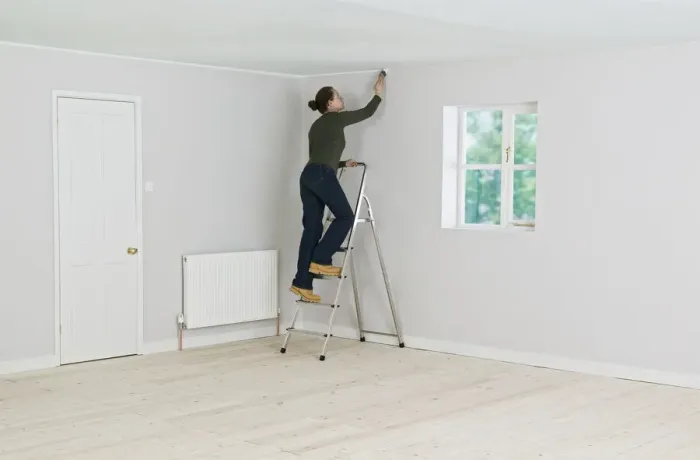 Framed Print : Woman on ladder painting edge of ceiling Framed Print : Woman on ladder painting edge of ceiling