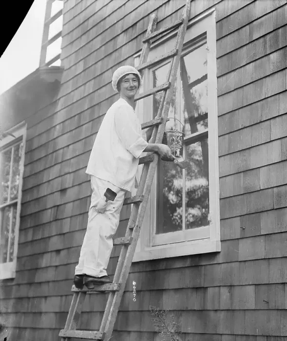 Framed Print : Woman On Ladder Painting House Framed Print : Woman On Ladder Painting House