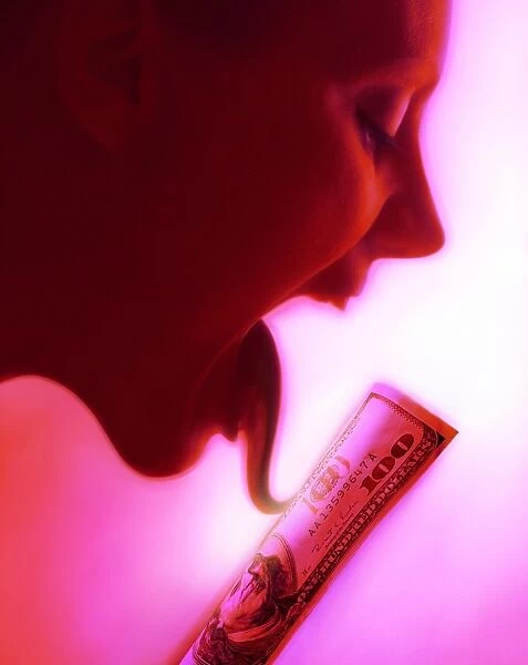 Woman licking one hundred dollar bill (Enhancement)