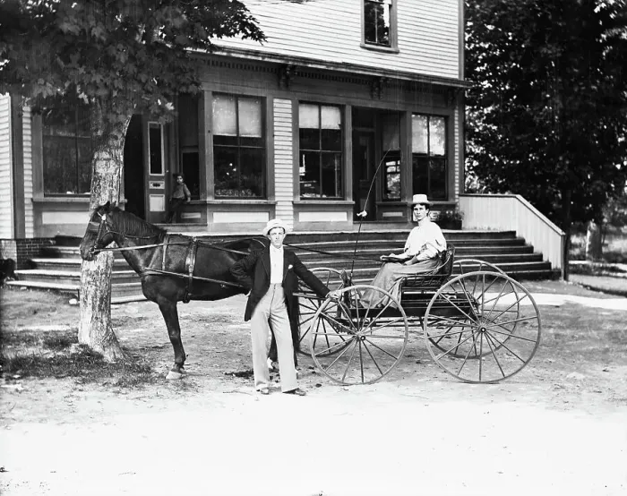 Framed Print : Woman In Light Wagon W / Horse; Photograph
