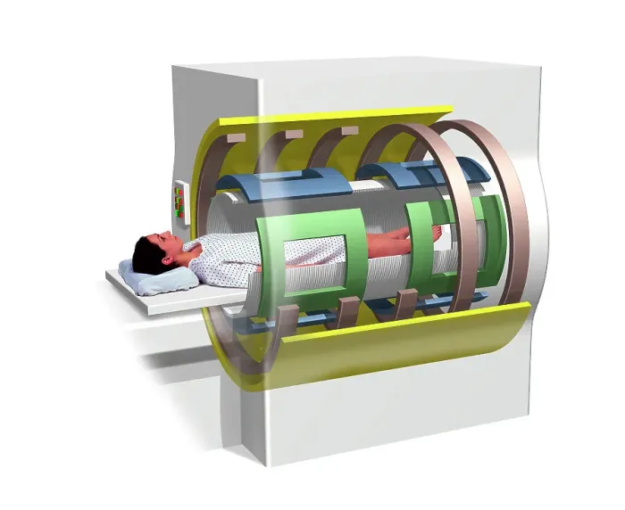 Framed Print : Woman lying inside MRI scanner Framed Print : Woman lying inside MRI scanner