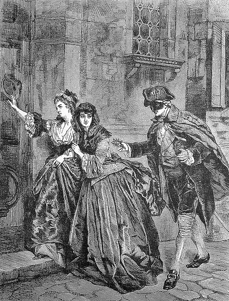 Two woman and a man walking home after the carnival ball, 1880, Germany, digitally restored reproduction of an original 19th-century print