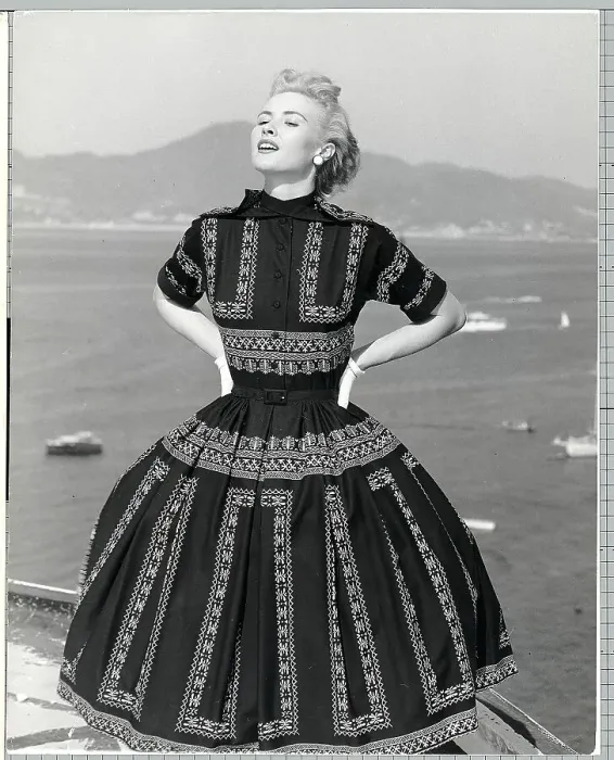 Framed Print : Woman Modeling Pompadour Print Dress Framed Print : Woman Modeling Pompadour Print Dress