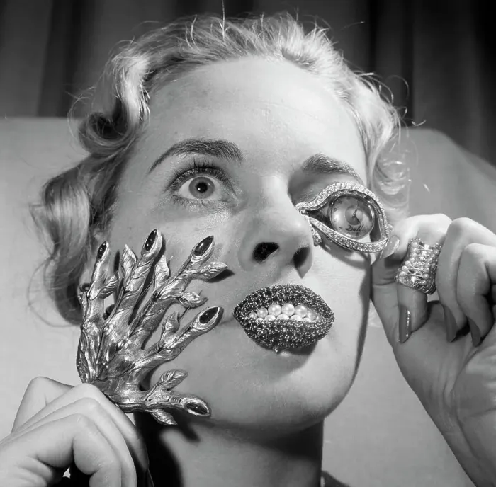 Framed Print : Woman Modelling Strange Jewelry; Headsho
