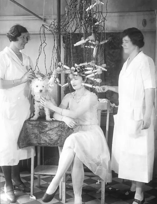 Framed Print : Woman and Pet Poodle Get Hair Permanents