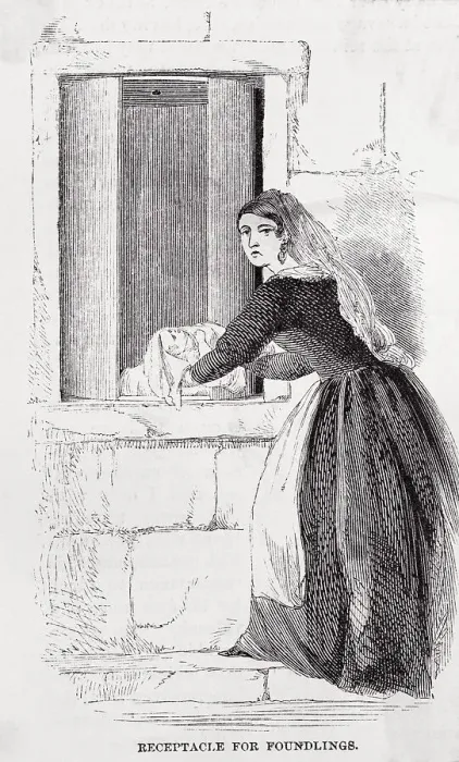 Framed Print : Woman Placing Child at Orphanage Door Framed Print : Woman Placing Child at Orphanage Door
