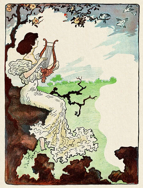 Woman playing harp in nature dreaming art nouveau 1897