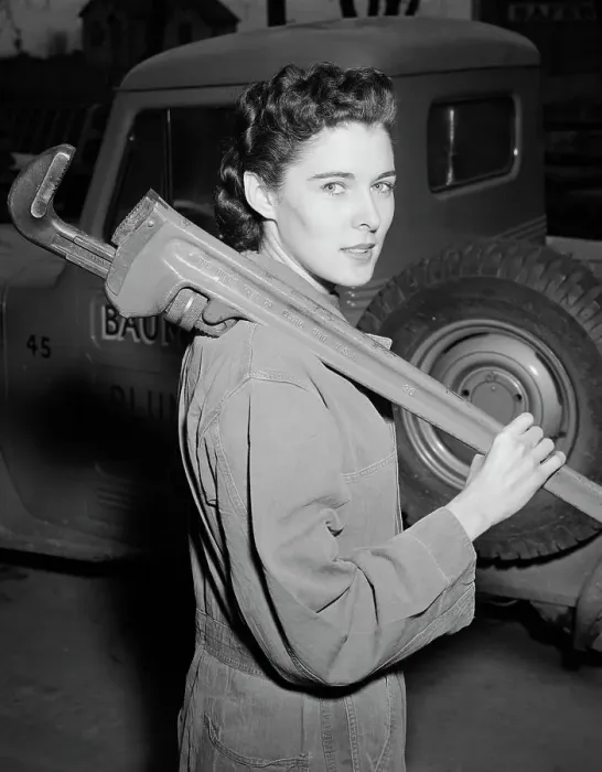 Framed Print : Woman Plumber With Large Wrench Framed Print : Woman Plumber With Large Wrench