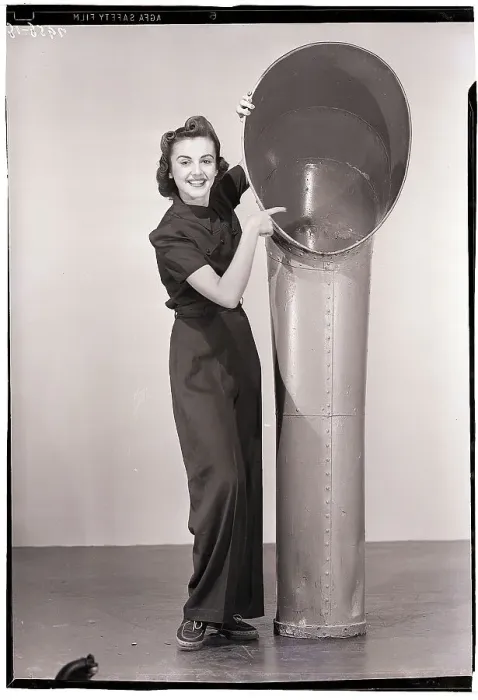 Framed Print : Woman Pointing into Vent Pipe Framed Print : Woman Pointing into Vent Pipe