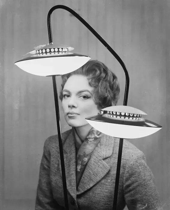 Framed Print : Woman Posing with Flying Saucer Lamp Framed Print : Woman Posing with Flying Saucer Lamp