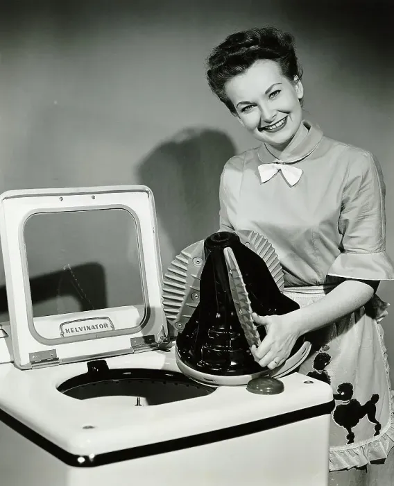 Framed Print : Woman Posing With Washing Machine Framed Print : Woman Posing With Washing Machine