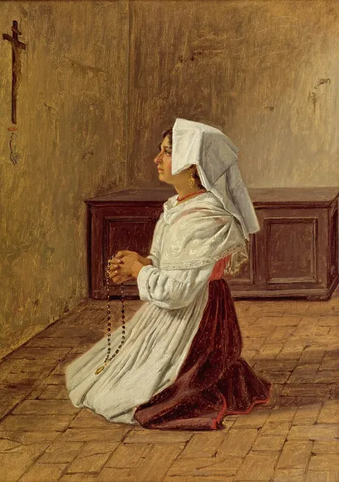 Framed Print : A woman prays on her knees in front of a cross on the wall, 1836, Italy, painting by Martinus Rorbye, Historic, digitally restored reproduction from a 19th century original