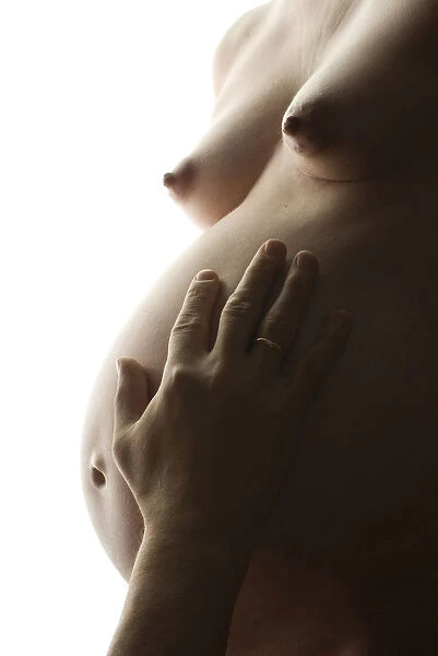 Woman, pregnant belly, hands, touching, couple