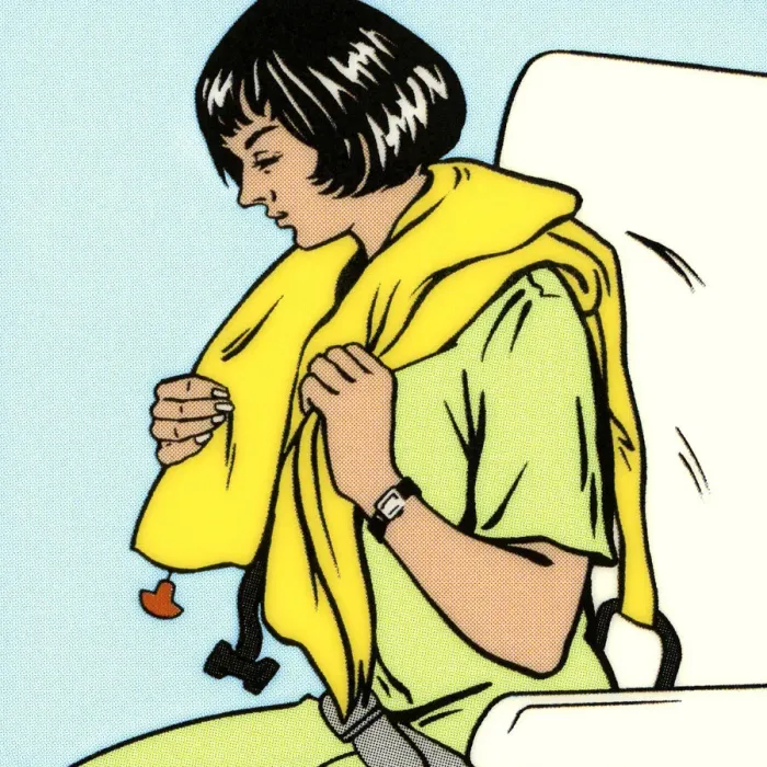 Framed Print : Woman Putting Life Vest On Framed Print : Woman Putting Life Vest On
