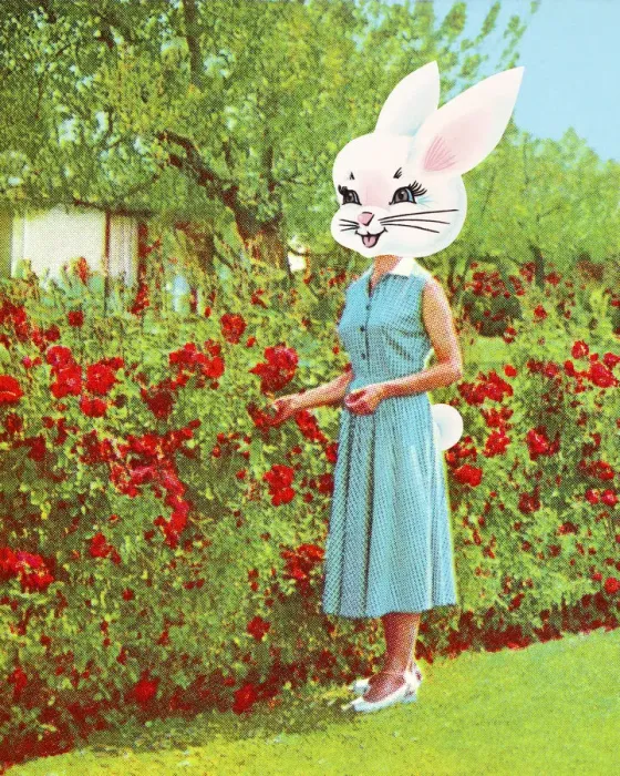 Framed Print : Woman with a Rabbit Head Near a Rose Bush Framed Print : Woman with a Rabbit Head Near a Rose Bush