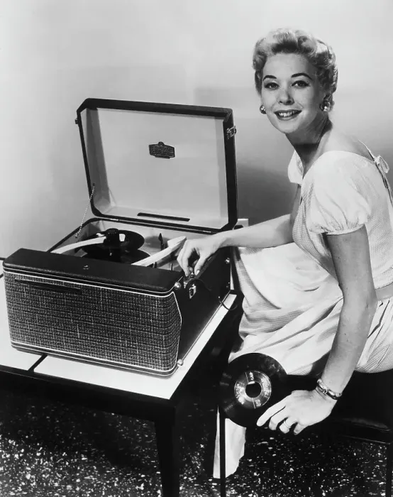 Framed Print : Woman with RCA Portable Victrola Record Player Framed Print : Woman with RCA Portable Victrola Record Player