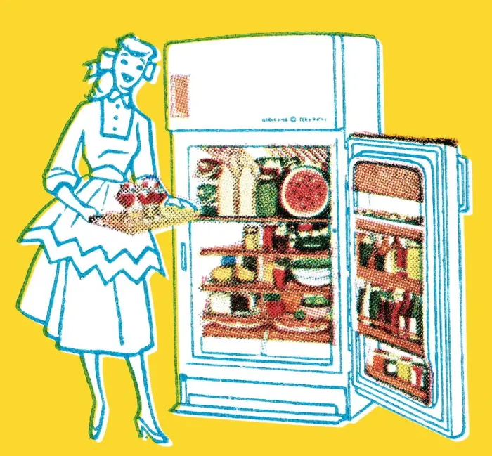 Framed Print : Woman with full refrigerator Framed Print : Woman with full refrigerator