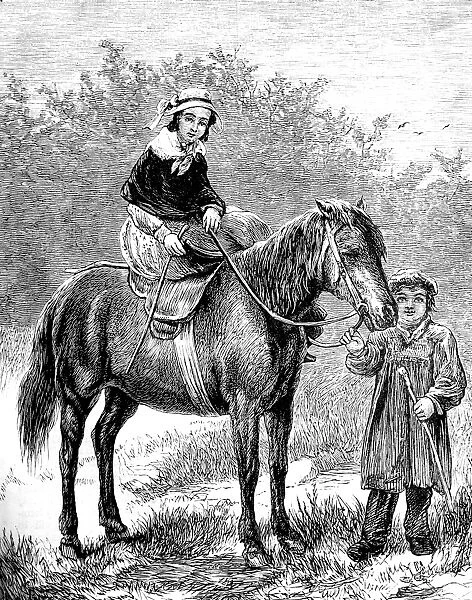 Woman rides with a horse, guided by a man