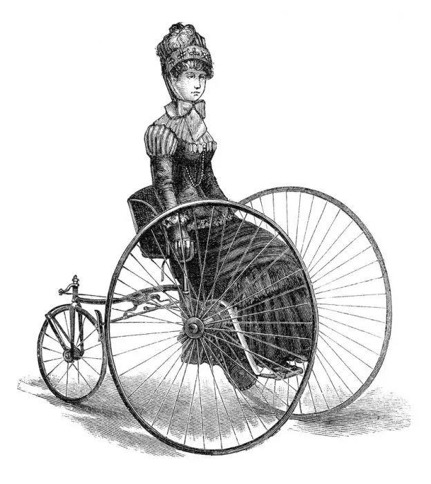Framed Print : Woman riding Penny Farthing bike 1885 illustration Framed Print : Woman riding Penny Farthing bike 1885 illustration