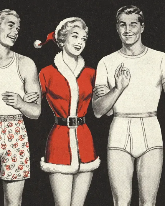 Framed Print : Woman in Santa Outfit with Two Men in Underwear Framed Print : Woman in Santa Outfit with Two Men in Underwear