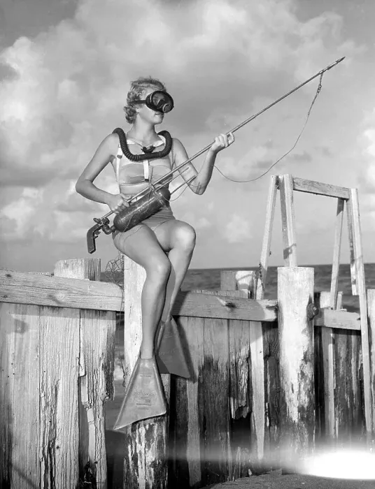 Framed Print : Woman with Scuba Gear and Spear Framed Print : Woman with Scuba Gear and Spear