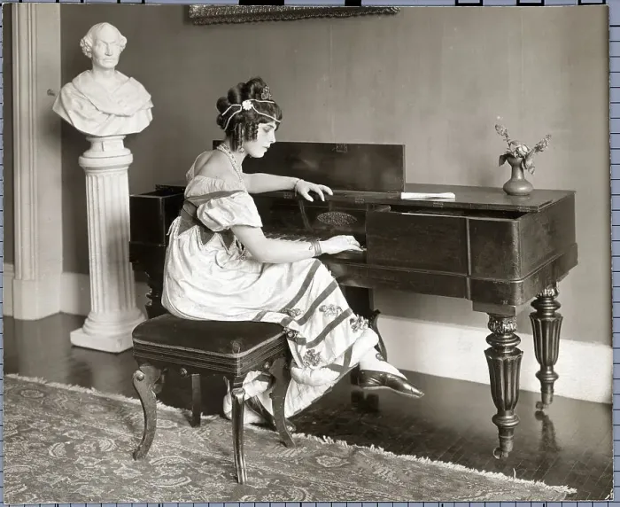 Framed Print : Woman Seated At Spinet In Empire Dress Framed Print : Woman Seated At Spinet In Empire Dress