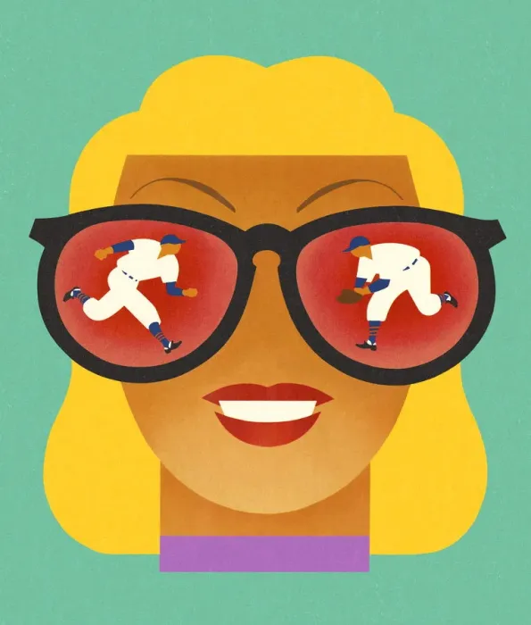 Framed Print : Woman Seeing Baseball Players in Her Glasses Framed Print : Woman Seeing Baseball Players in Her Glasses