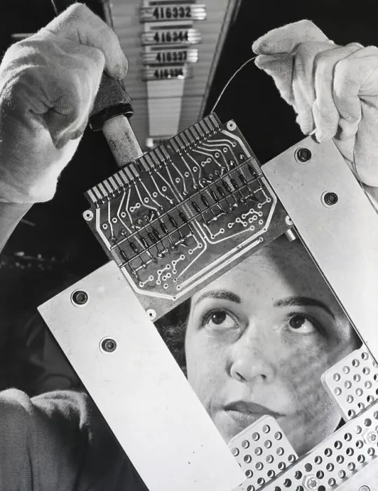 Framed Print : Woman Seen Through Circuitboard Working Framed Print : Woman Seen Through Circuitboard Working