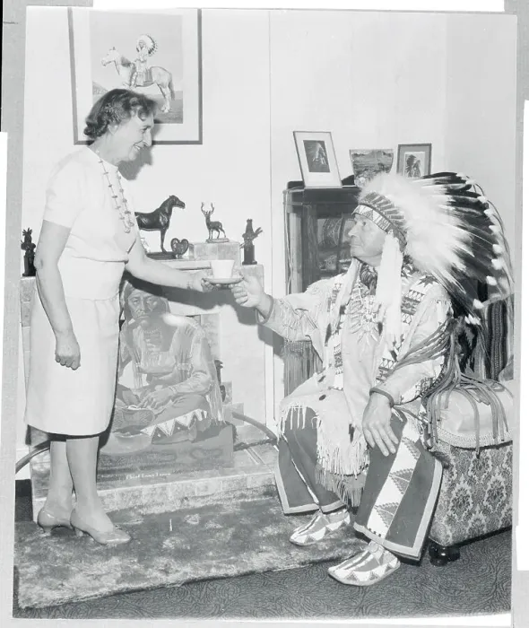 Framed Print : Woman Serving Tea to an English Indian Chief Framed Print : Woman Serving Tea to an English Indian Chief
