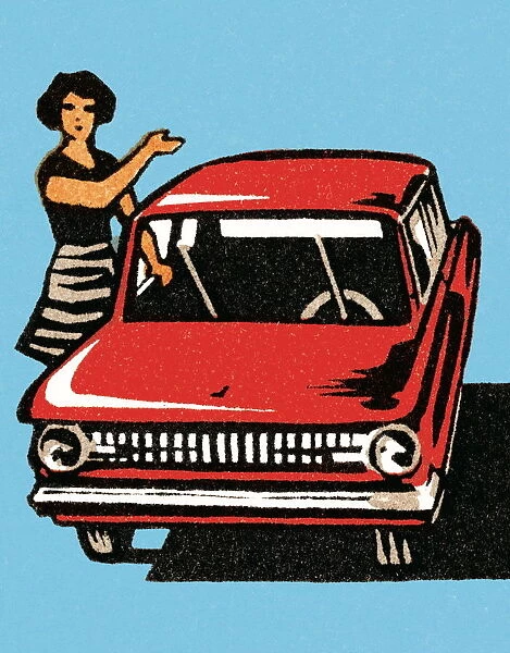 Woman showing red car