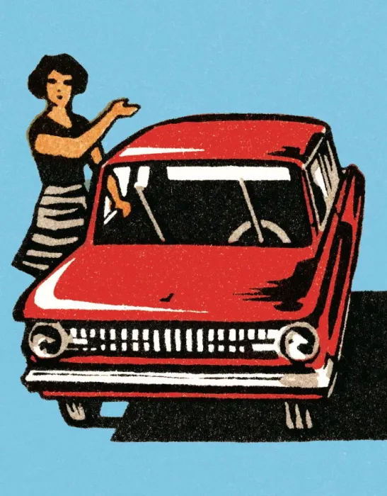 Framed Print : Woman showing red car Framed Print : Woman showing red car