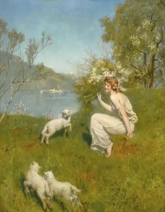 Framed Print : A woman sits in a meadow with flowering trees while sheep wander around