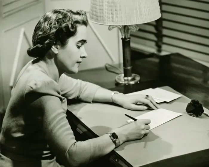 Framed Print : Woman sitting at desk, writing, (B&W) Framed Print : Woman sitting at desk, writing, (B&W)