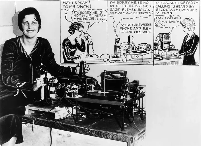Framed Print : Woman Sitting Next to Early Answering Machine Framed Print : Woman Sitting Next to Early Answering Machine