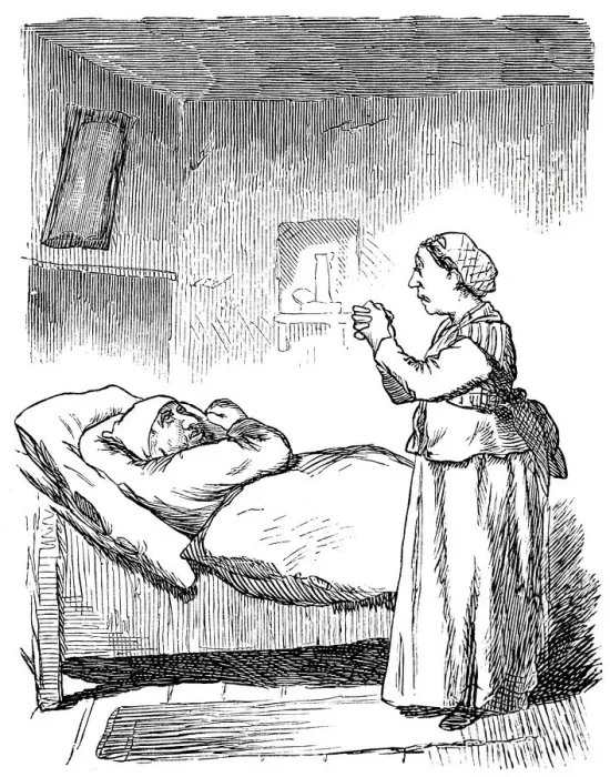 Framed Print : Woman in sleeping room, talking to her husband in bed Framed Print : Woman in sleeping room, talking to her husband in bed