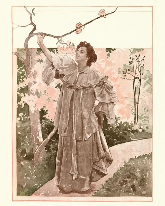 アールヌーボー トレイ 銀杏の木 錫 ピューターArt Nouveau/K050 Art Nouveau Print: Woman Smelling Blossom, 1896. Art Prints