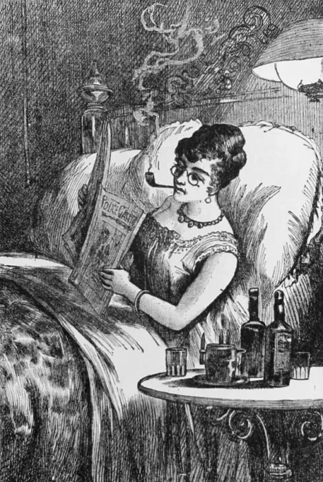 Framed Print : Woman Smoking Pipe in Bed While Reading Police Gazette Framed Print : Woman Smoking Pipe in Bed While Reading Police Gazette