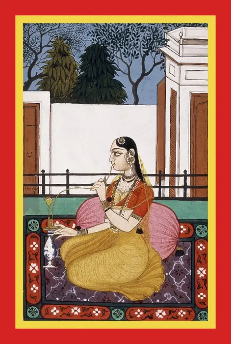 Framed Print : Woman smoking a pipe by a pink cushion
