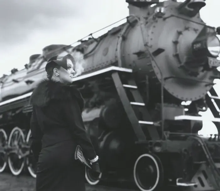 Framed Print : Woman Smoking by Steam Engine Framed Print : Woman Smoking by Steam Engine