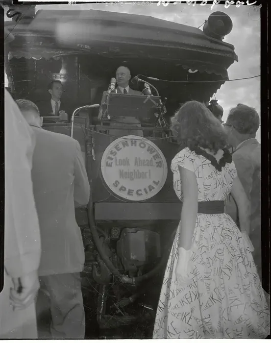 Framed Print : Woman Sporting I Like Ike Print Dress Listening to Eisenhower Speech Framed Print : Woman Sporting I Like Ike Print Dress Listening to Eisenhower Speech