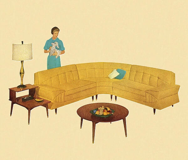 Woman Standing Behind Curved Yellow Couch