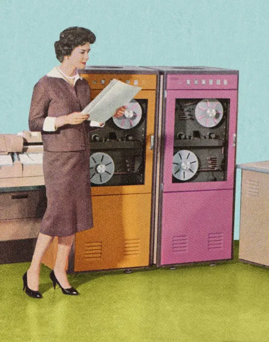 Framed Print : Woman Standing at Old Computers Framed Print : Woman Standing at Old Computers