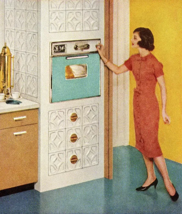 Framed Print : Woman Standing By Turquoise Oven