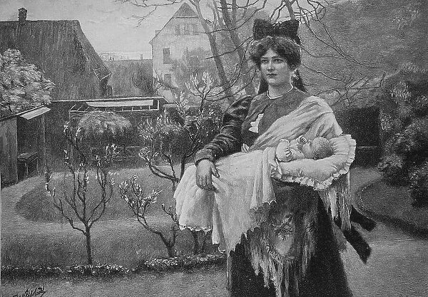 Woman in Sunday traditional costume holding the newborn baby in her arms on her first outing outdoors, 1880, Germany, Historic, digital reproduction of an original 19th-century painting, original date unknown