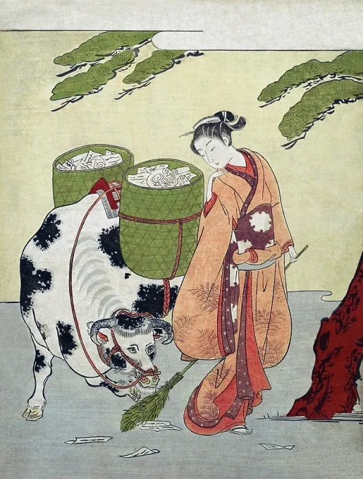 Framed Print : Woman sweeps up her love letter and puts them in baskets on a cow Framed Print : Woman sweeps up her love letter and puts them in baskets on a cow