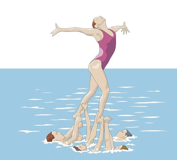 Woman in swimming costume standing on hands of five simmers