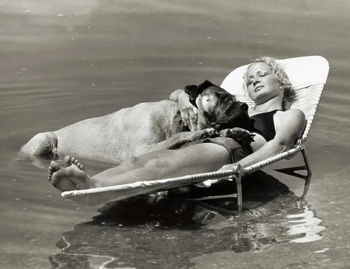 Framed Print : Woman Tanning with Dog Framed Print : Woman Tanning with Dog